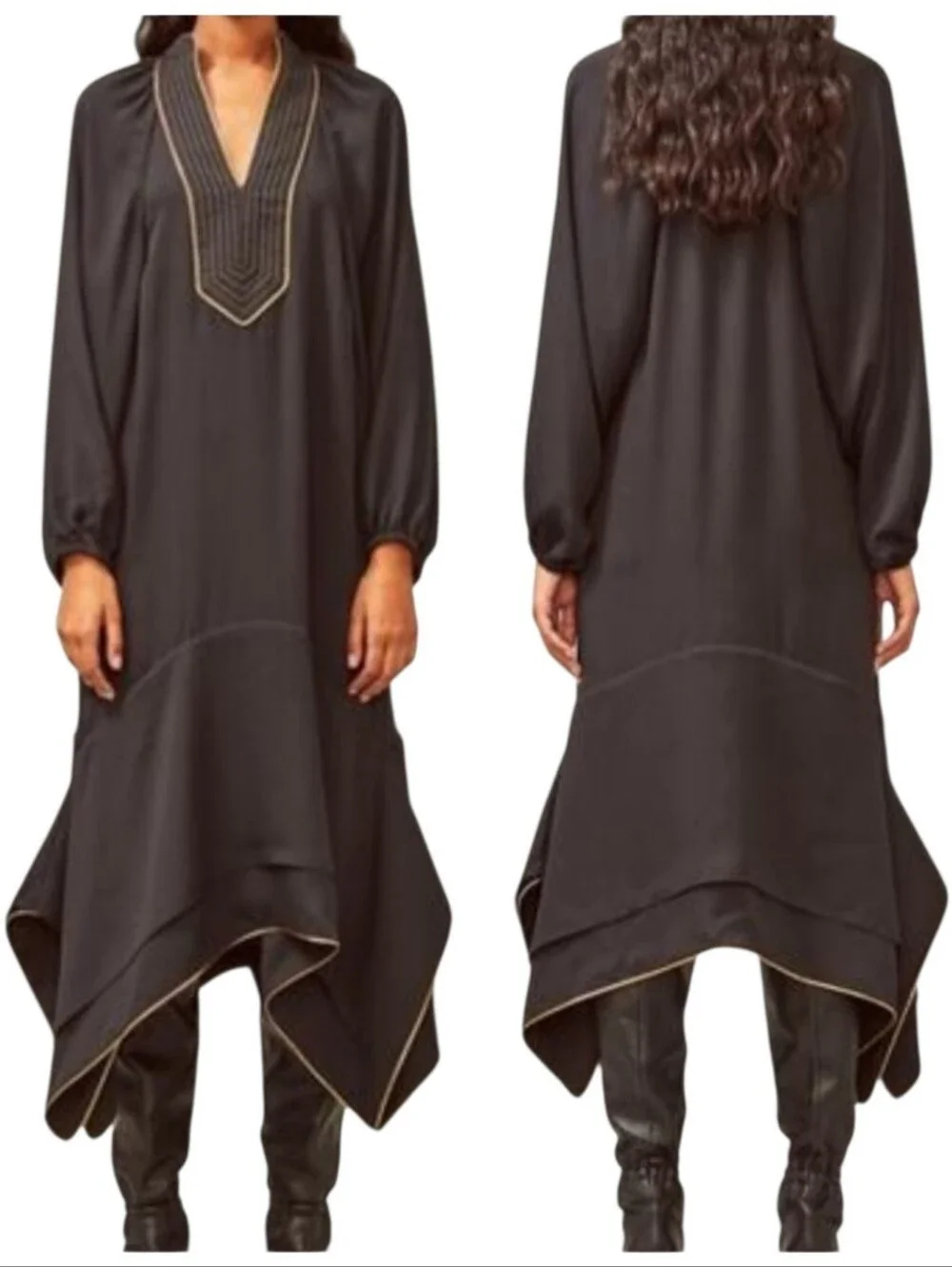 TORY BURCH EUC Black Puff Sleeve Asymmetrical Flounced Hem Tunic Midi Dress L